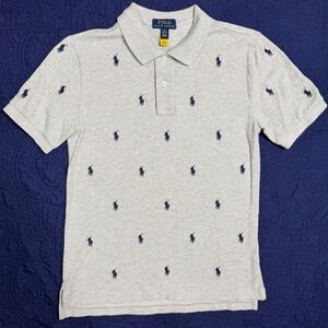 Polo Ralph Lauren Kids Boys M 10-12 Gray All Over Pony Embroidered Polo Shirt